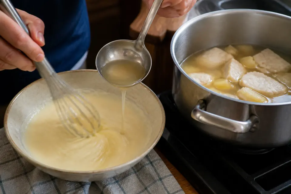 Warm fish broth being whisked gradually into mayonnaise for gazpachuelo