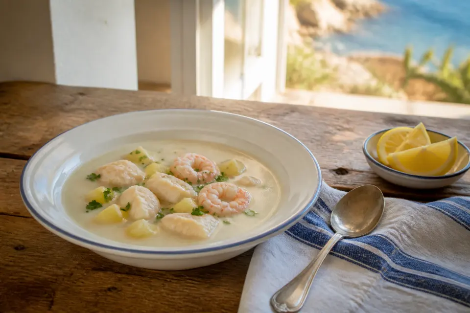 Gazpachuelo served with hake, shrimp, potatoes, parsley, and lemon