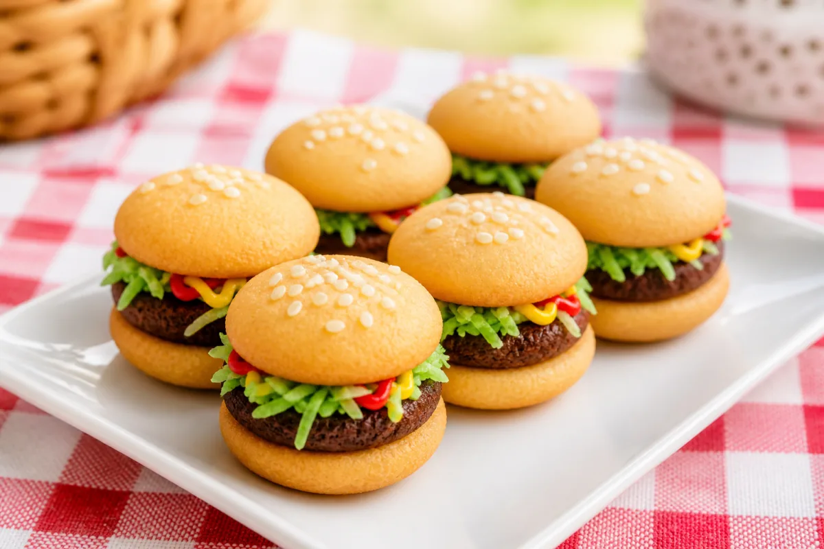 No-bake hamburger cookies made with wafer buns, chocolate cookies and green coconut