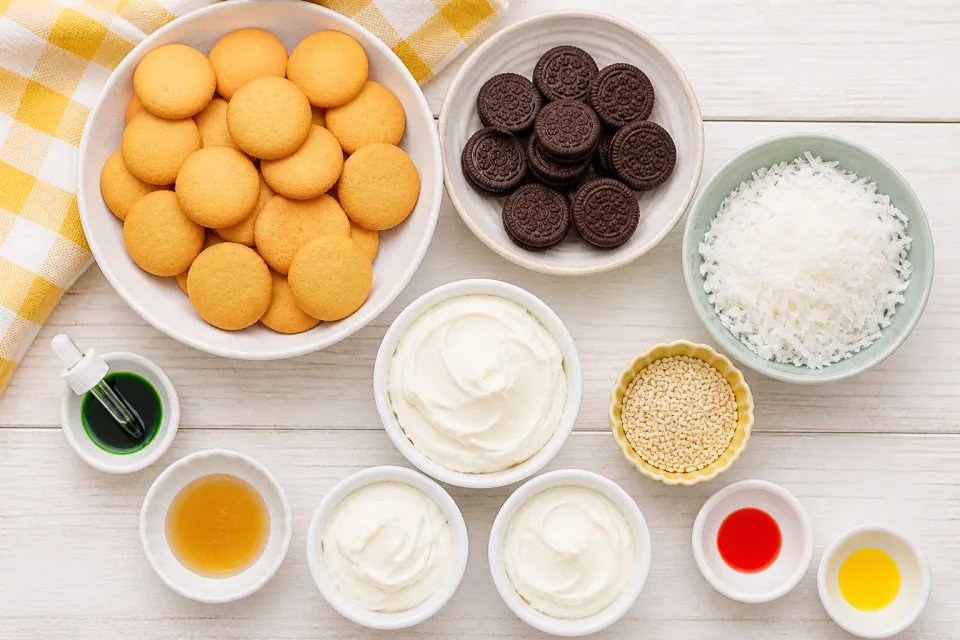 Vanilla wafers, chocolate cookies, coconut, frosting, food coloring, honey and sesame seeds for hamburger cookies