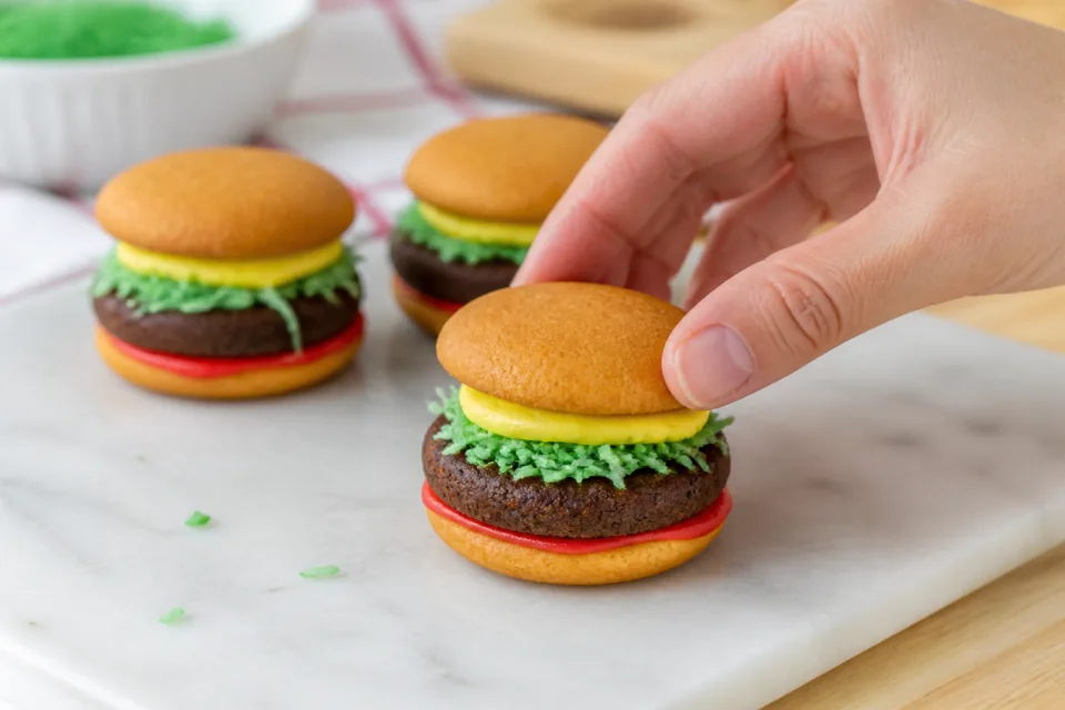A miniature hamburger cookie being assembled with wafer buns, chocolate cookie and green coconut