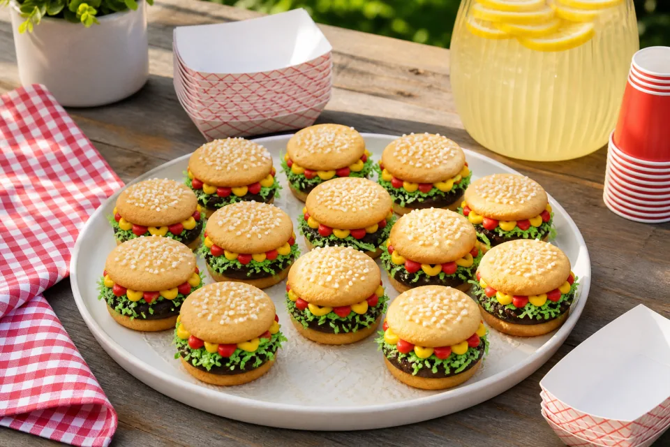 Hamburger cookies arranged on a summer party platter