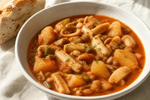 Papas con choco with tender cuttlefish and potatoes in a tomato-pepper broth