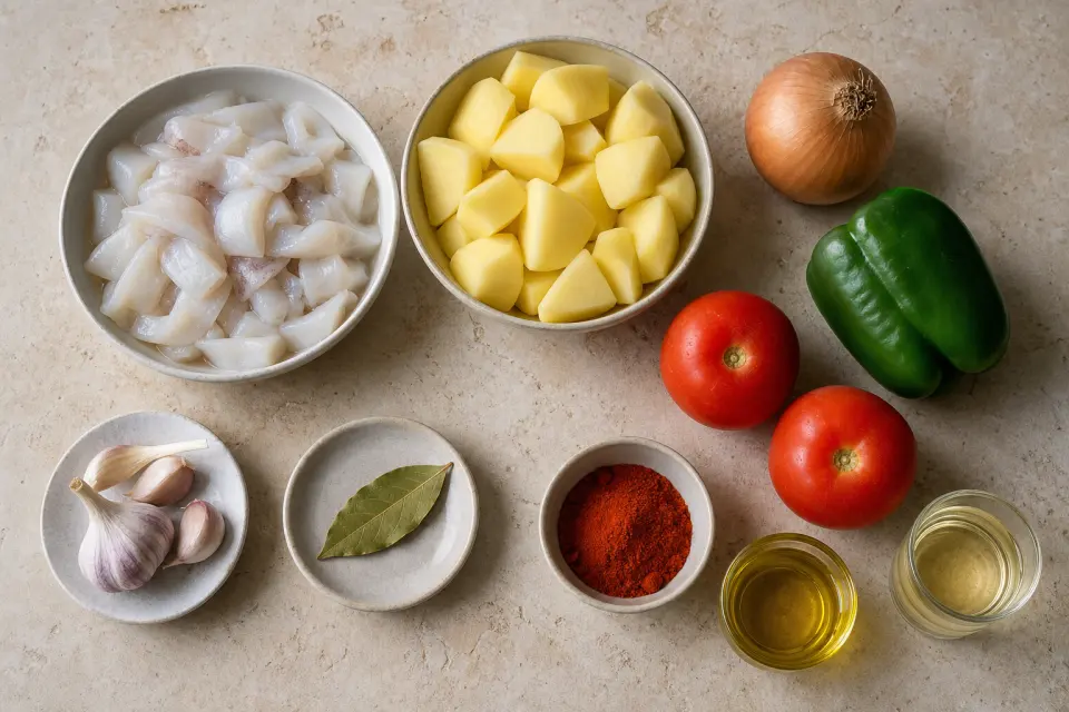 Cuttlefish, potatoes, onion, green pepper, tomatoes, garlic, bay leaf, paprika, olive oil, and white wine for papas con choco