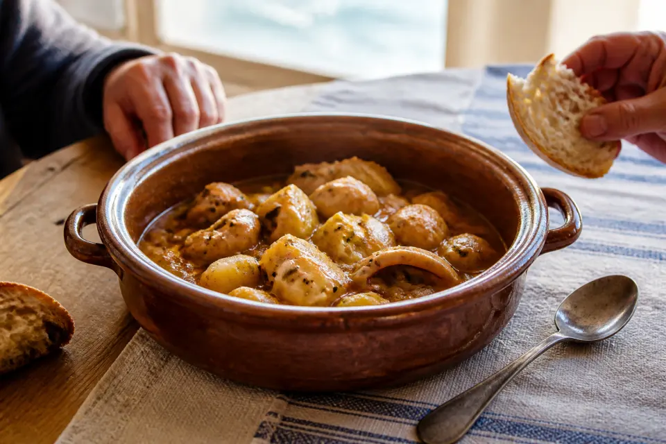 Papas con choco served family-style with crusty bread