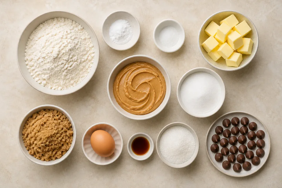 Flour, peanut butter, butter, sugars, egg, vanilla and chocolate candies for peanut butter blossoms