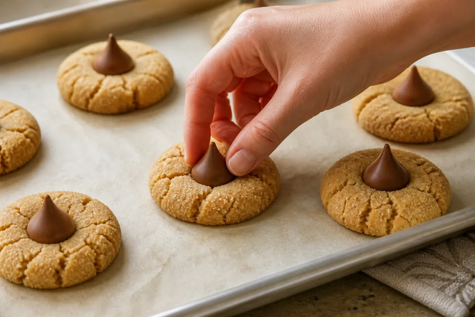 Chocolate candies being pressed into warm sugar-crackled peanut butter cookies