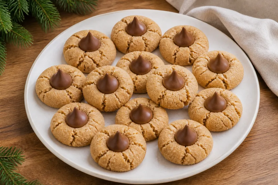 Peanut butter blossom cookies arranged on a holiday platter