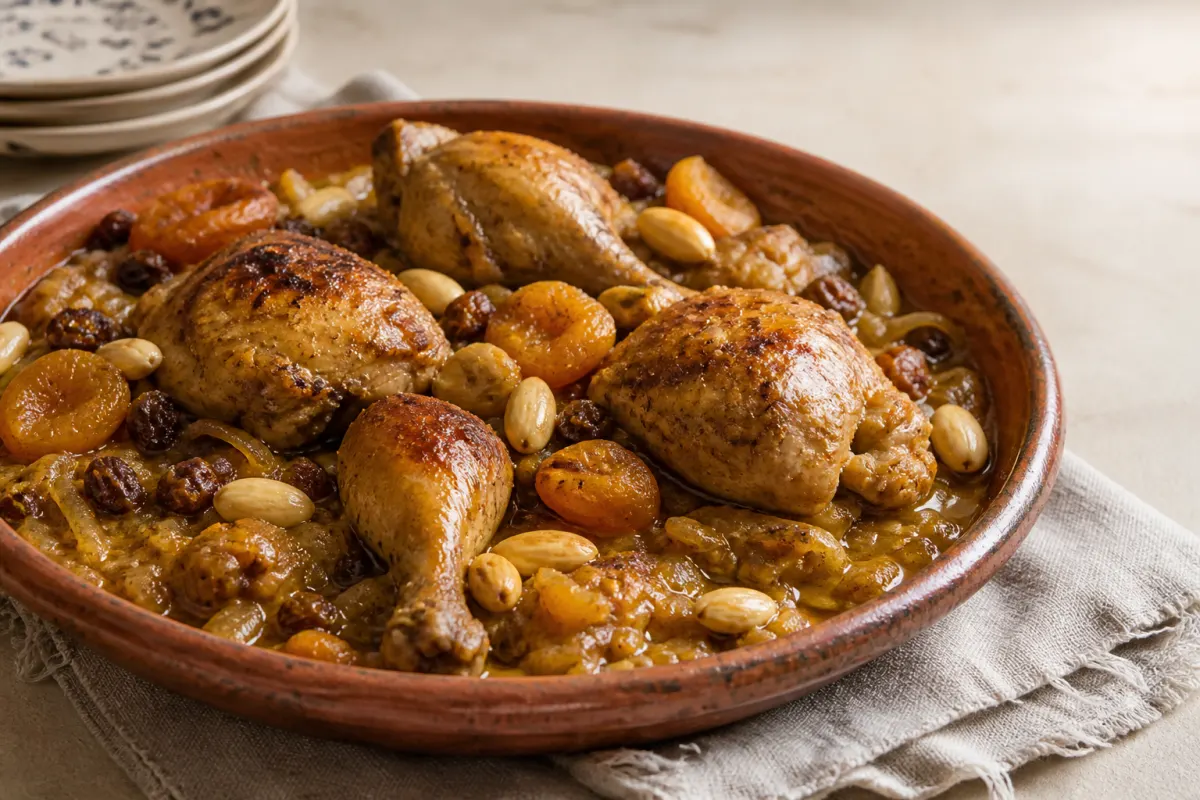Pollo a la moruna with braised chicken, almonds, raisins, and dried apricots