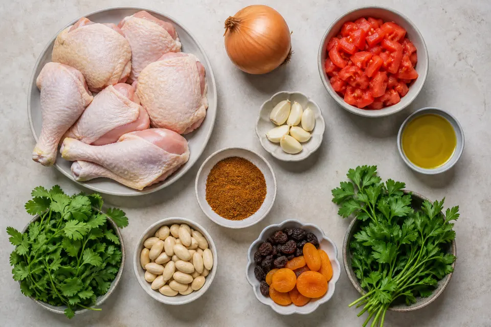 Chicken, onion, tomato, garlic, herbs, moruna spices, almonds, raisins, apricots, and olive oil