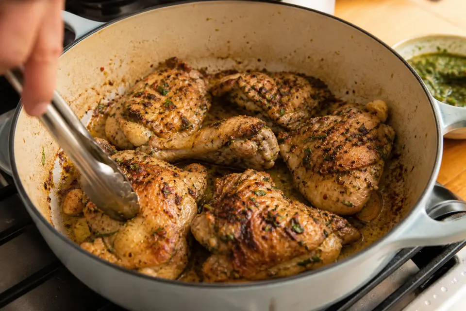 Spice-marinated chicken browning in a wide heavy pot