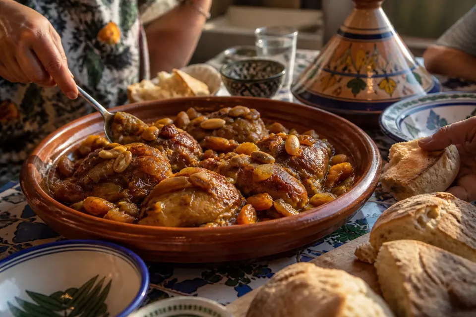Pollo a la moruna served family-style with bread