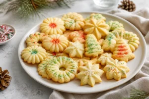 Pressed spritz cookies in flower, wreath, star and tree shapes
