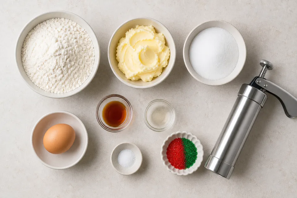 Flour, butter, sugar, egg, vanilla, almond extract and a metal cookie press for spritz cookies