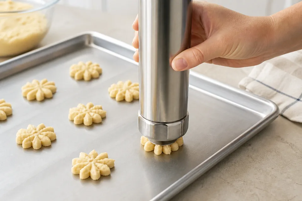 A metal cookie press releasing flower-shaped spritz dough onto an ungreased baking sheet