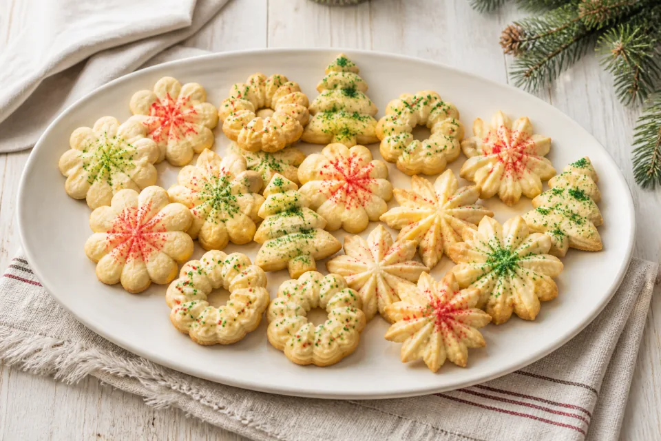 Flower, wreath, star and tree-shaped spritz cookies on a holiday platter